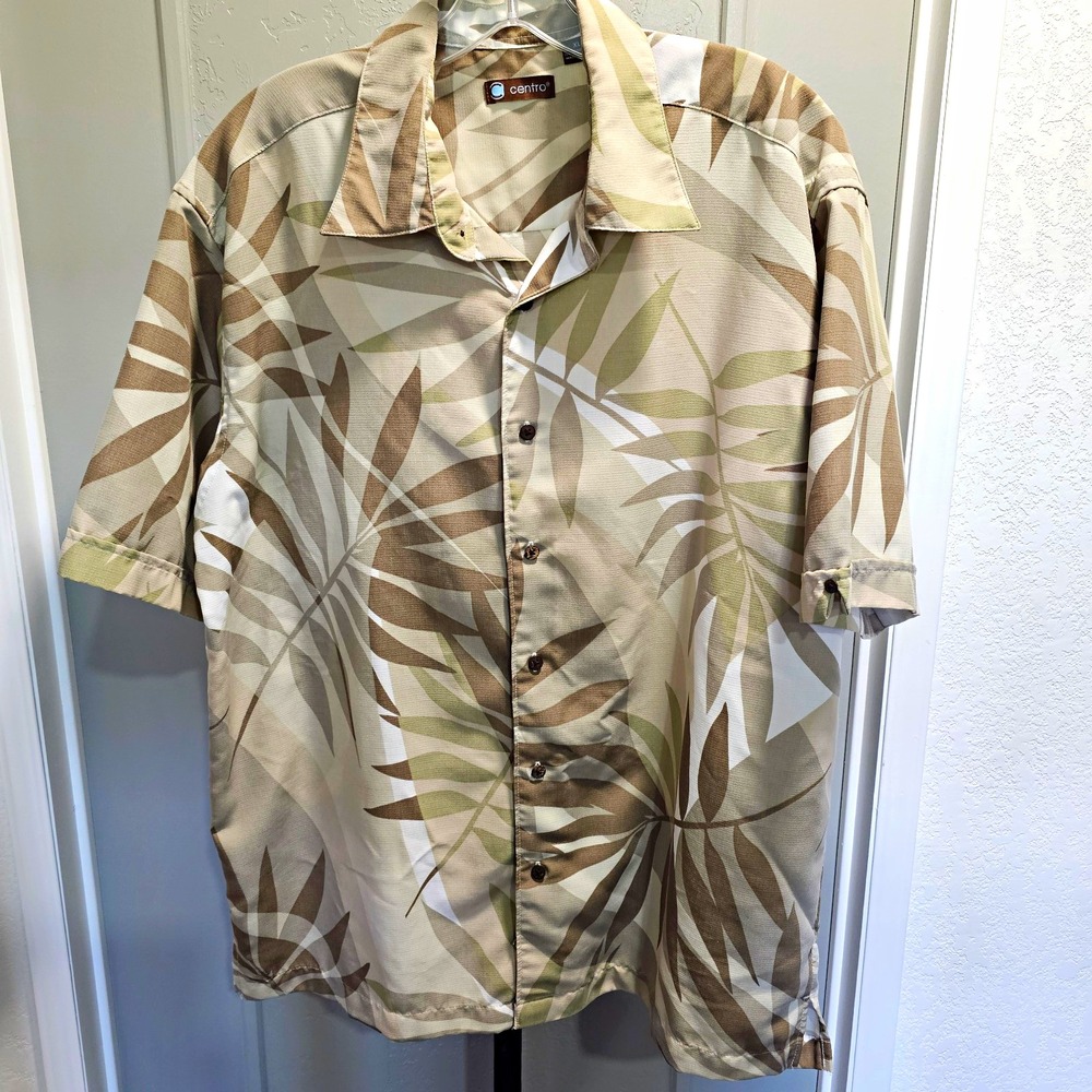 Centro Men's XL Tropical Leaf Hawaiian Shirt Tan Olive